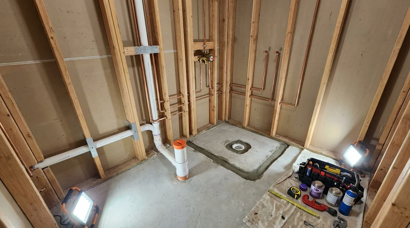 Bathroom rough-in plumbing during remodel by Johns Plumbing LLC in Jonesport