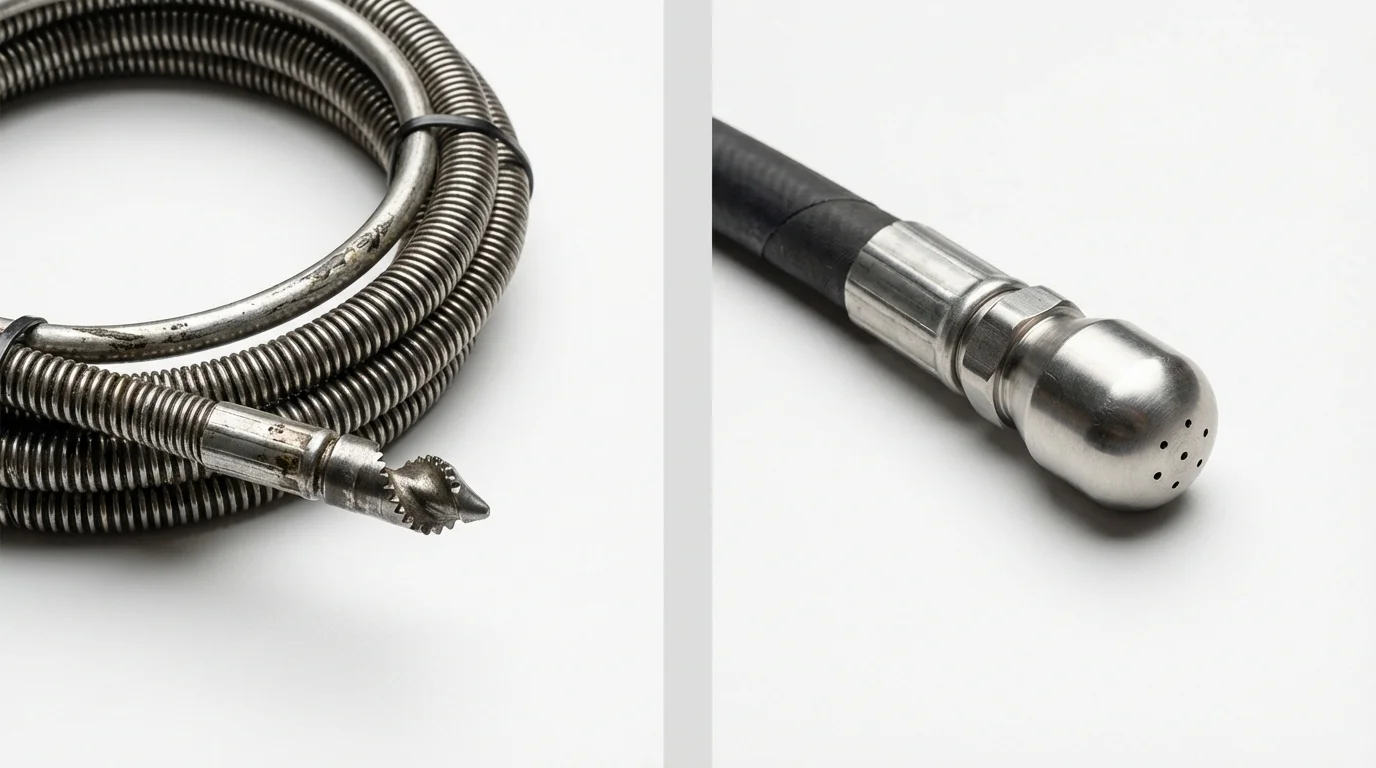 Drain snake cable and hydro jetting nozzle used for drain cleaning in Jonesport, ME