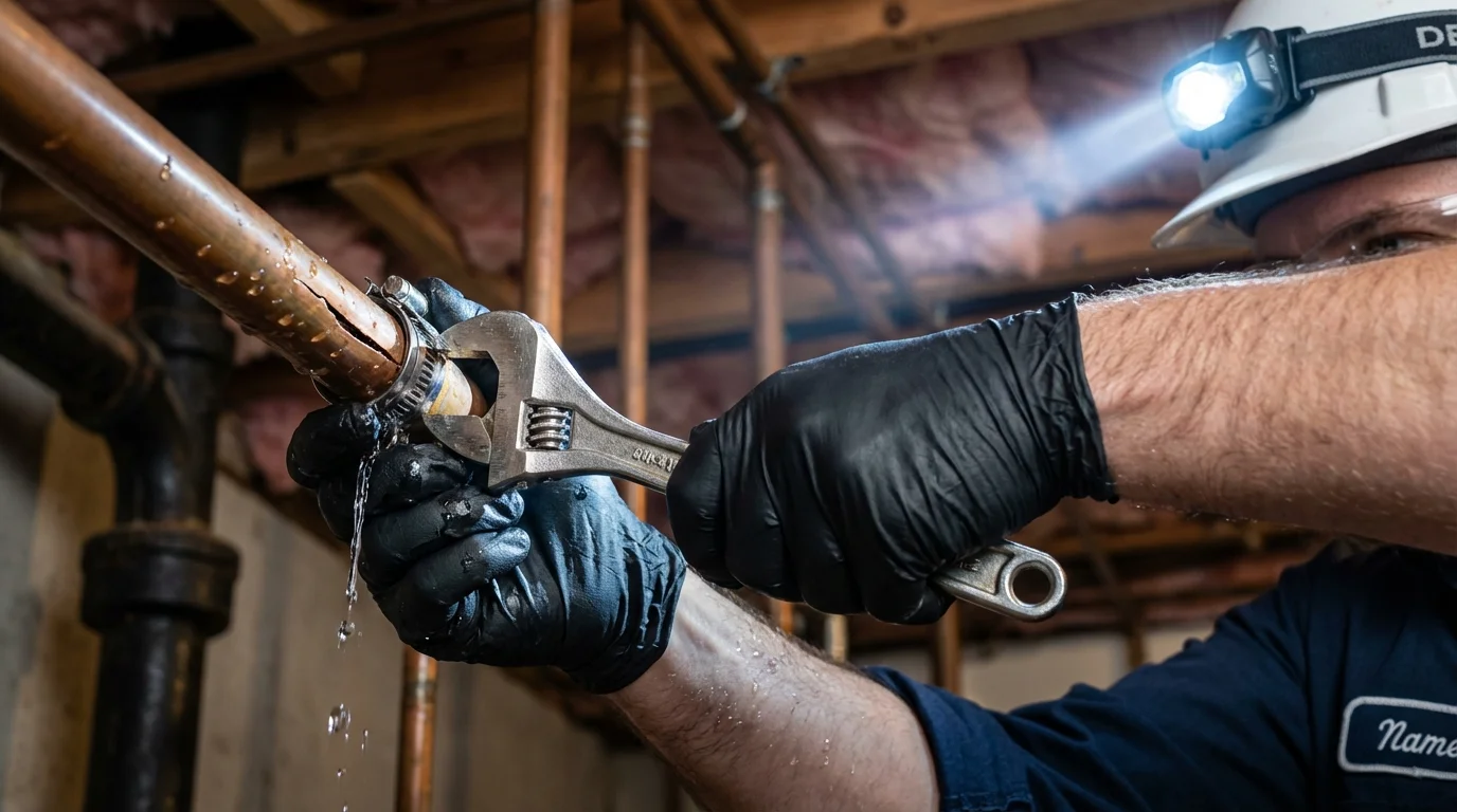 Emergency pipe clamp repair being performed by a Johns Plumbing LLC plumber in Jonesport