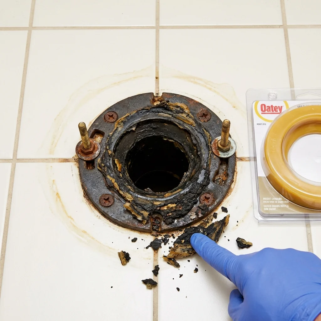 Failed wax ring showing water seepage at the base of a toilet in a Jonesport, ME home
