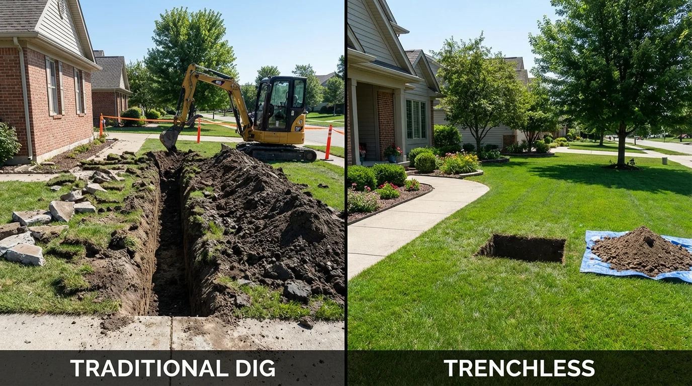 Trenchless sewer repair with minimal yard damage versus traditional excavation in Jonesport, ME