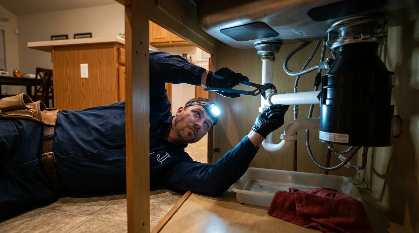 P-trap and supply line connections under a kitchen sink showing a common leak point in Jonesport, ME